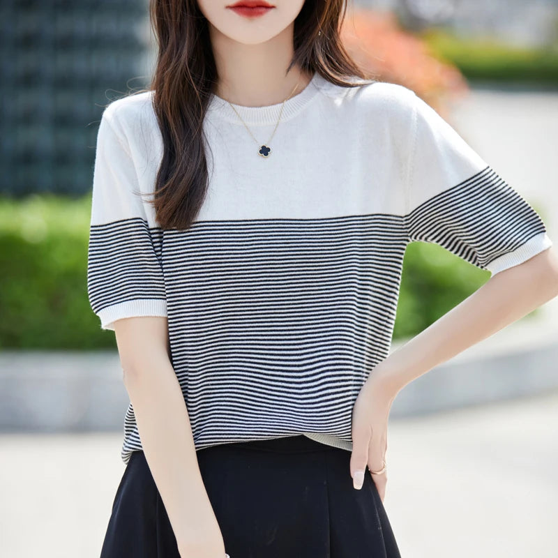 2026 Summer New Women 100% Cotton Knit Striped Round Neck T-Shirt Women Clothing Tops Short Sleeve Sweater Casual Basic Pullover