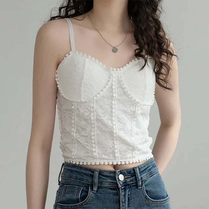 ITOOLIN Women Summer Knitted Crop Tops Lace Sexy Tank Top Casual Tops Backless Spaghetti Camis With Bra Pad For Women 2025 Sping